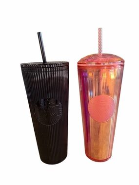 Starbucks Ribbed Black Tumbler & Iridescent Pink Reusable Cup Set straw lid